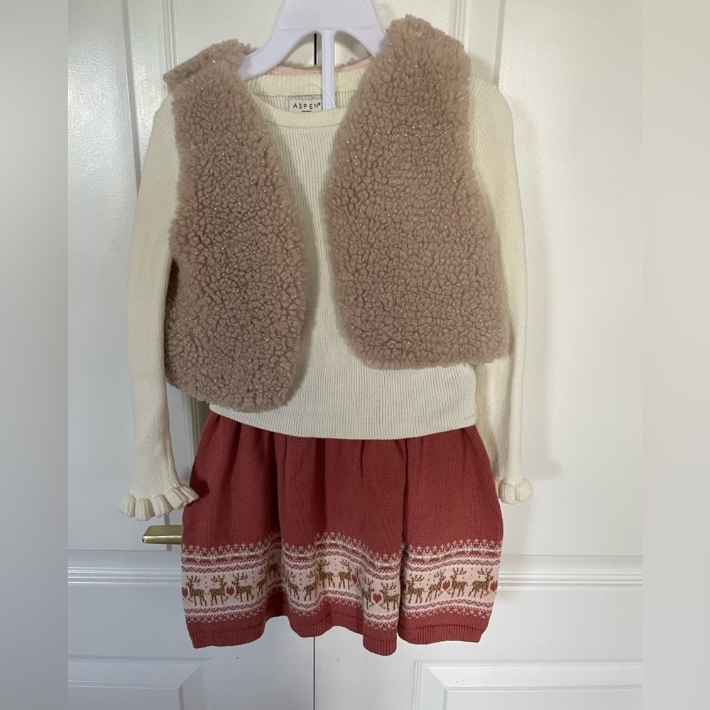 Aspen kids set of outfit knit skirt fur faux vest and top size 2t new